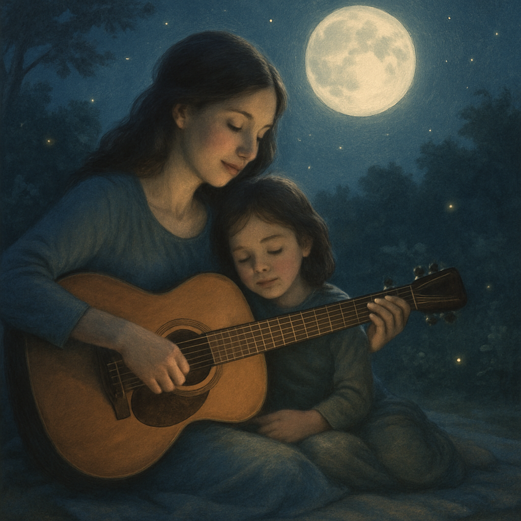 Moonlit Serenade: A Mother And Child’s Nighttime Harmony paint by color