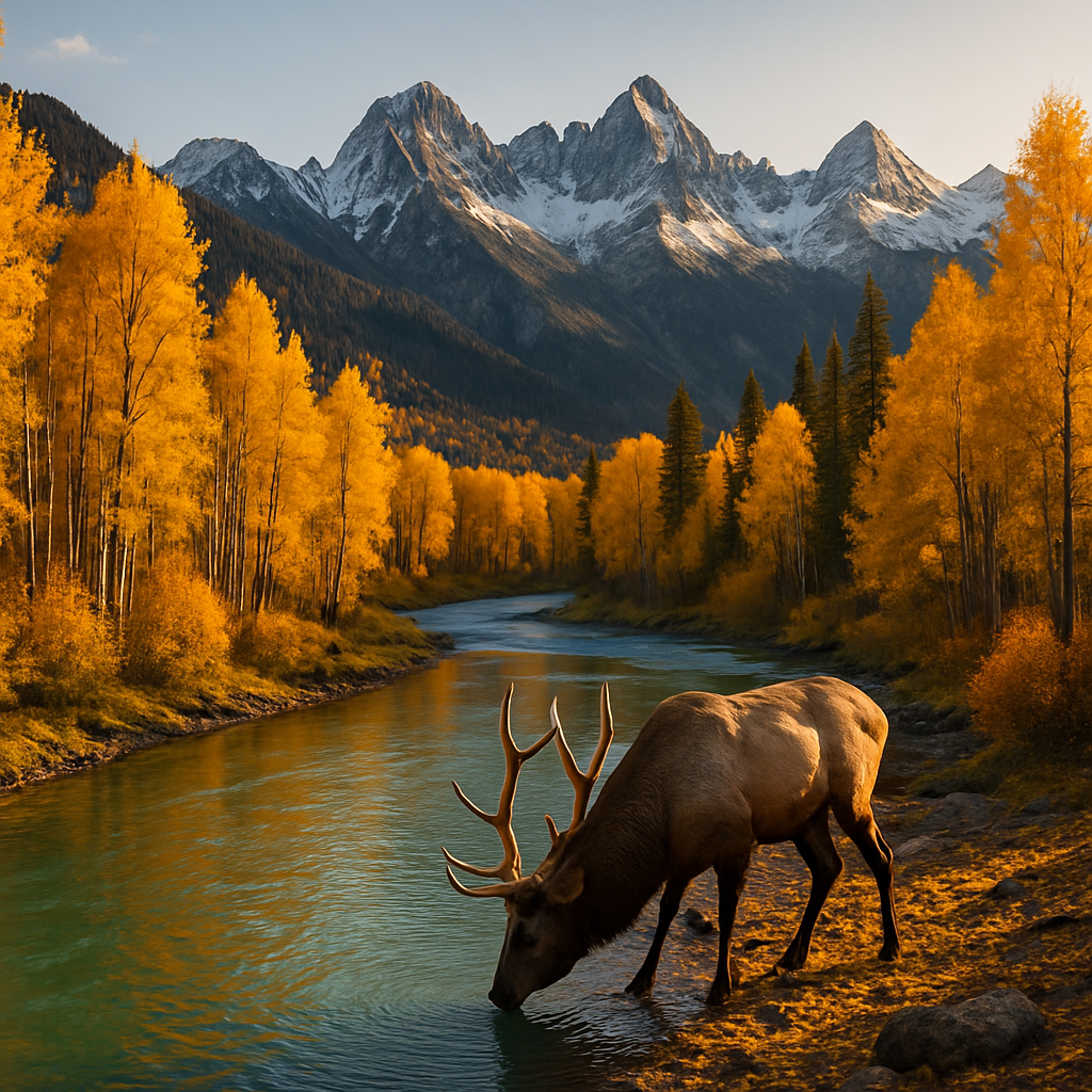 Rocky Mountain Autumn River Bend With Bull Elk Painting by diamonds kit