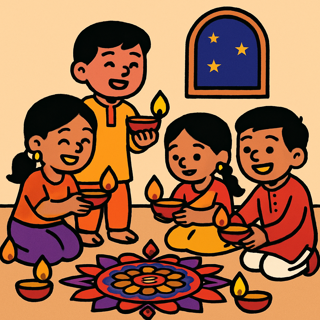 Children Celebrating Diwali With Bright Diyas And Rangoli Paint by diamonds art