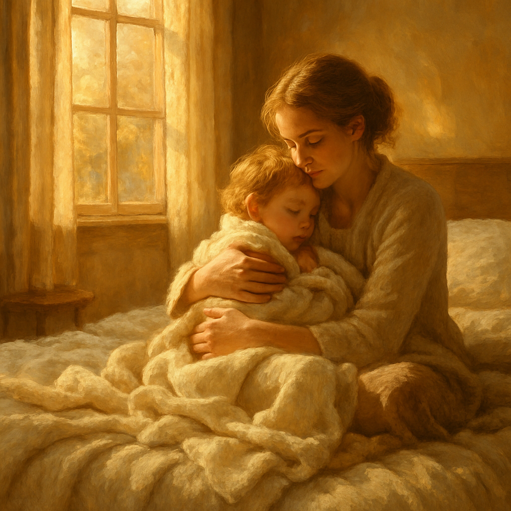 Golden Embrace: Morning Cuddles In A Sunlit Bedroom diamonded painting kits