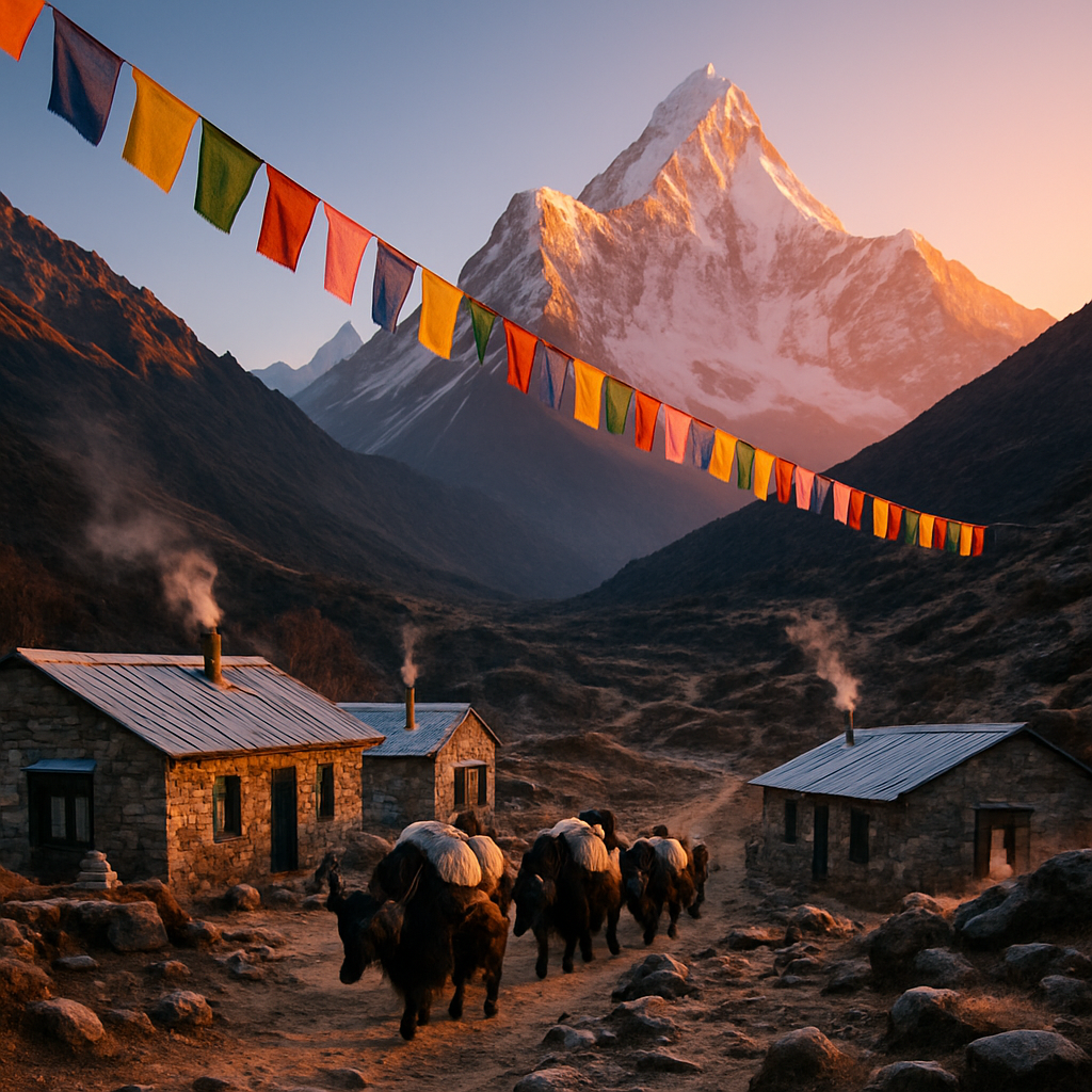 Sunrise Over Himalayan Villages With Prayer Flags painting diamond kit