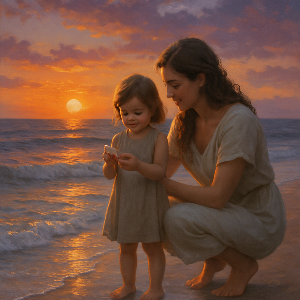 Tides Of Love: Mother And Child On The Shore At Sunset paint by color