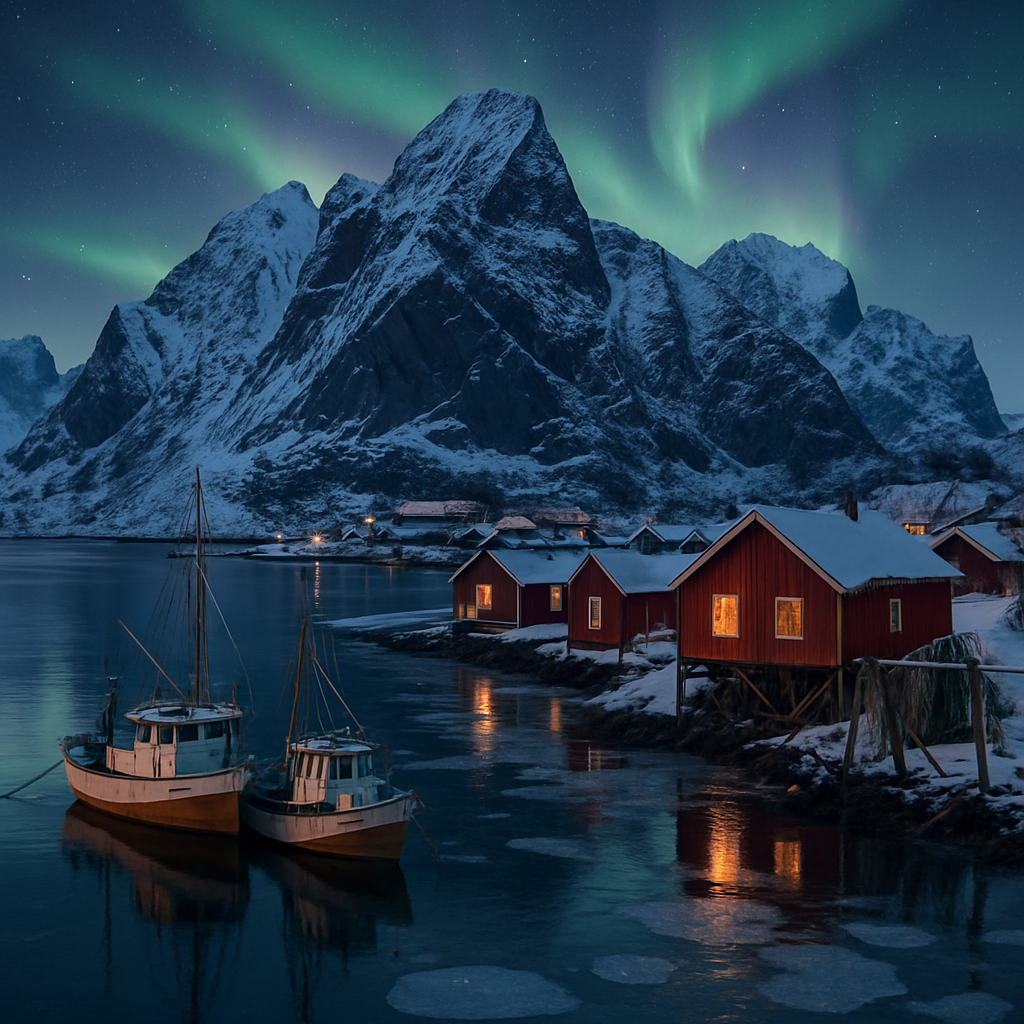 Norwegian Winter Harbor Under Northern Lights paint by color