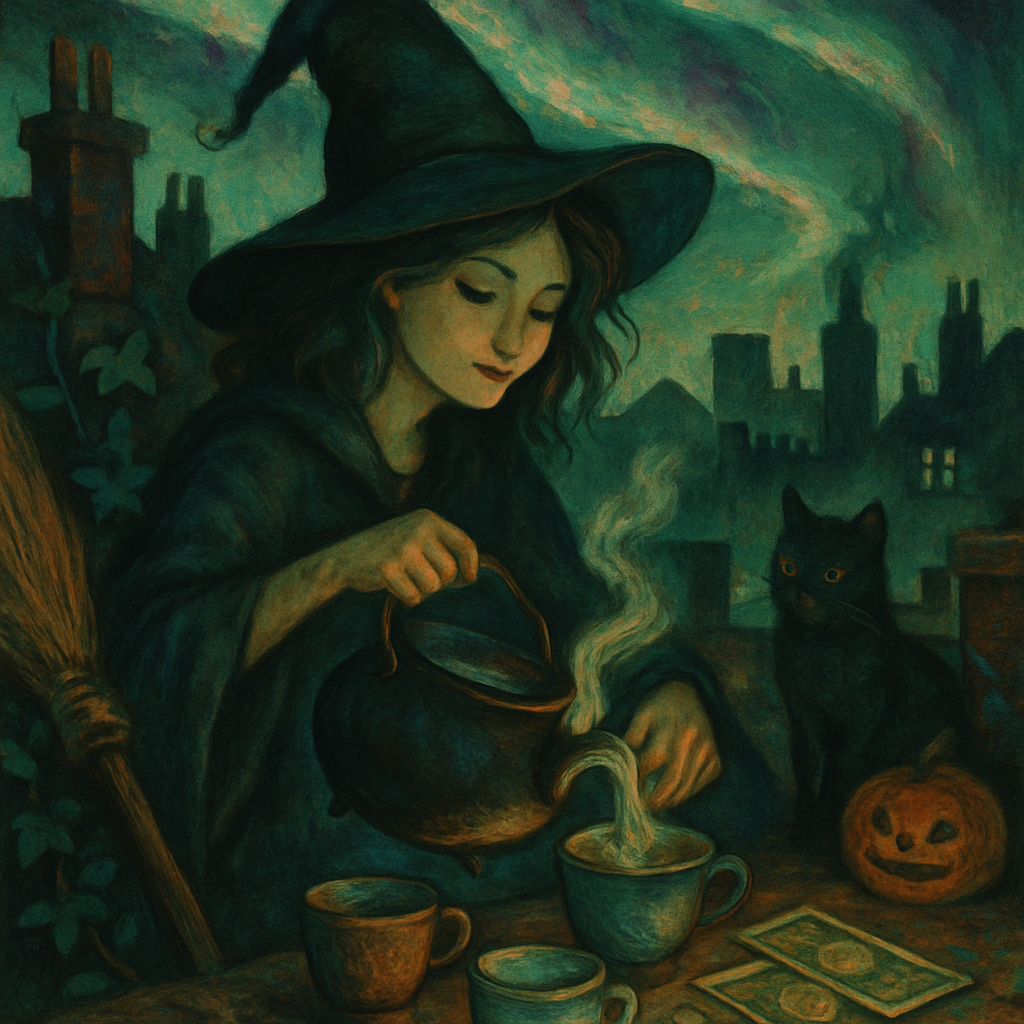 Witchs Tea On Midnight Rooftop Painting by diamonds kit
