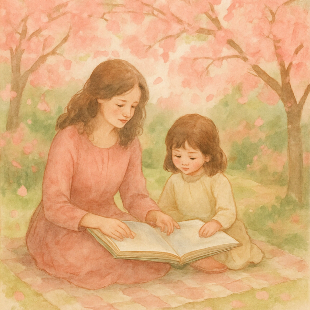 Garden Stories: Reading Together Beneath Cherry Blossoms Paint by diamonds kits