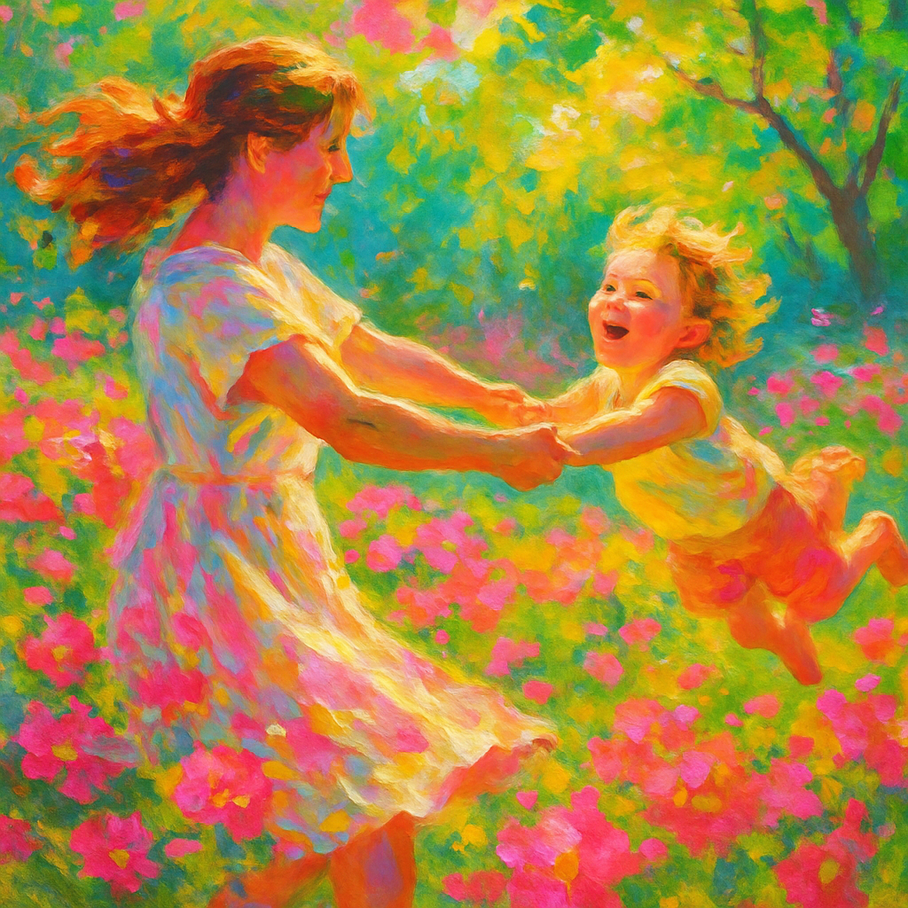 Dance Of Joy: A Mothers Laughter In A Sunlit Garden paint by diamonds