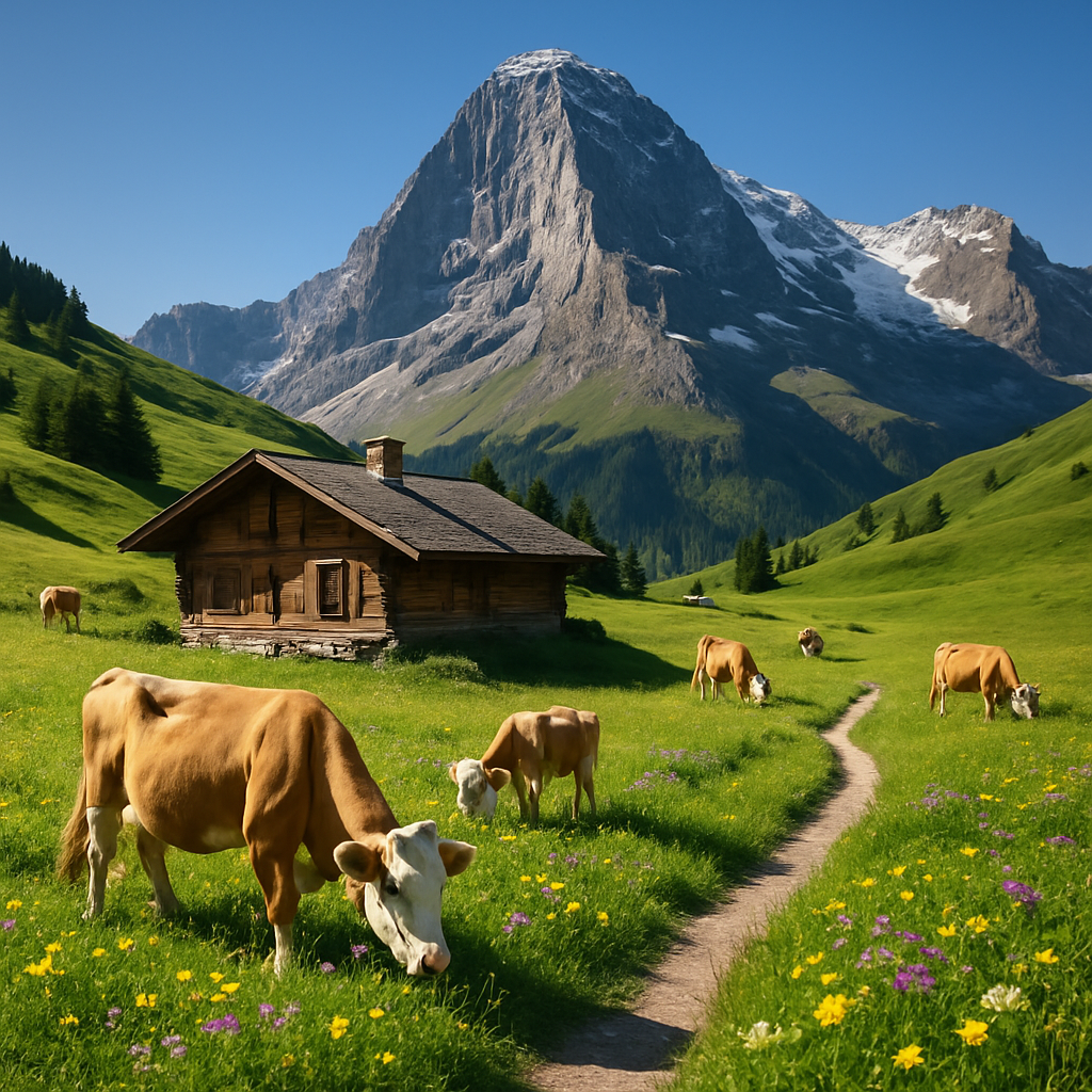 Swiss Alpine Meadow With Grazing Cows Near The Eiger Ridge DIY paint by diamonds