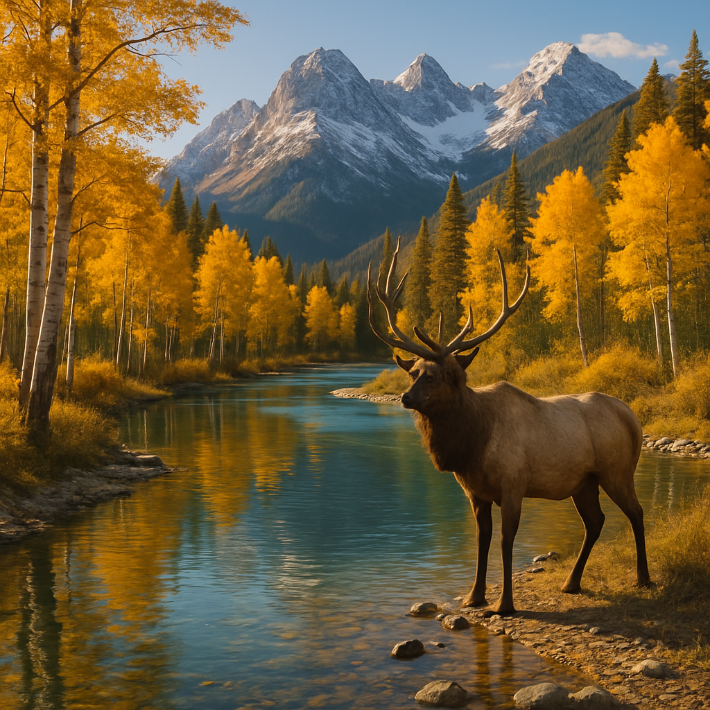 Rocky Mountain Autumn River Bend With Elk And Snow Dusting Painting by diamonds kit