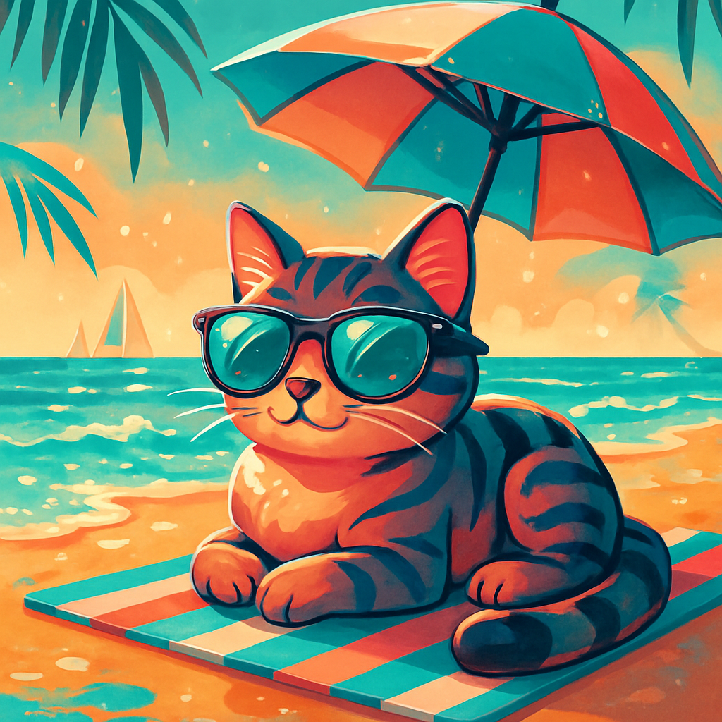 Cat With Sunglasses On Seaside Towel diamond painting