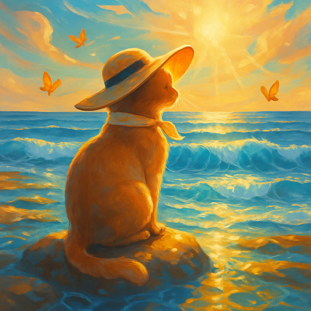 Sun Hat Cat Watching The Waves DIY paint by diamonds