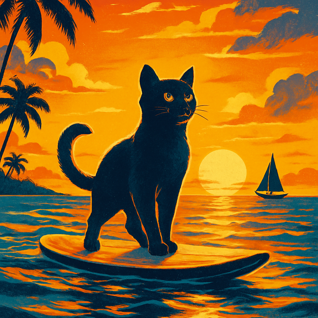 Paddleboarding Cat With Sunset Sail painting diamond kit