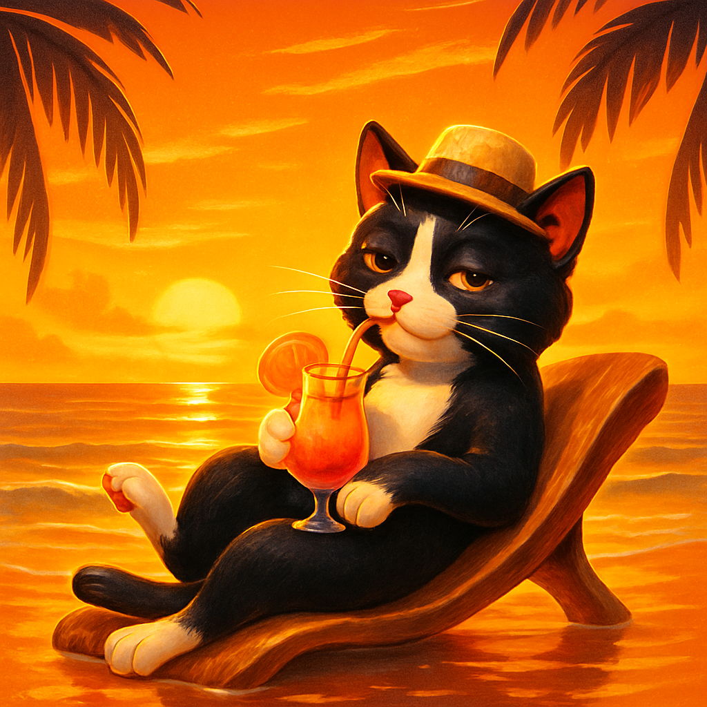 Cat With Tropical Drink In Sunset Orange Painting by diamonds kit