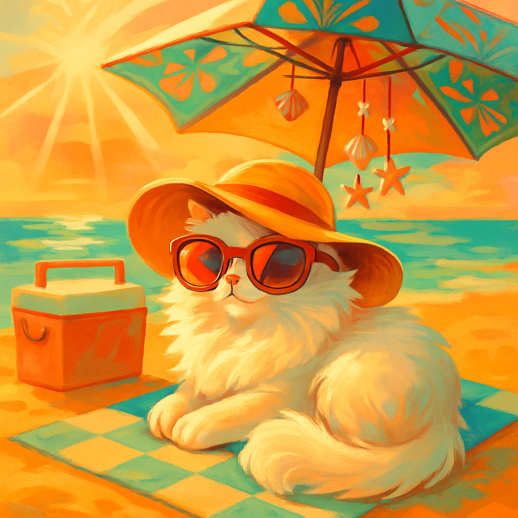Sun Hat Kitty On Checker Towel DIY paint by diamonds