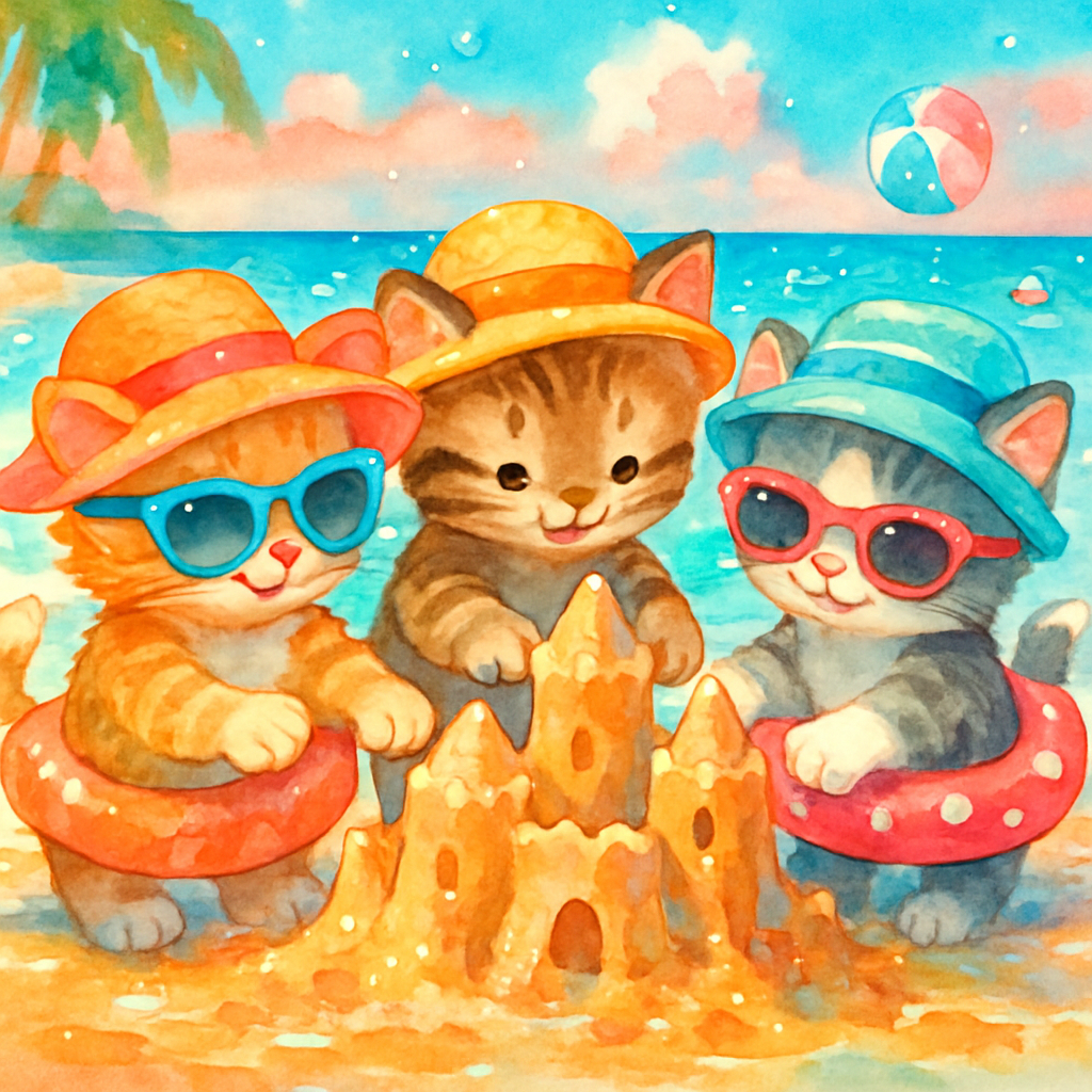 Kittens Building Sandcastles In Coral And Aqua Bliss DIY paint by diamonds