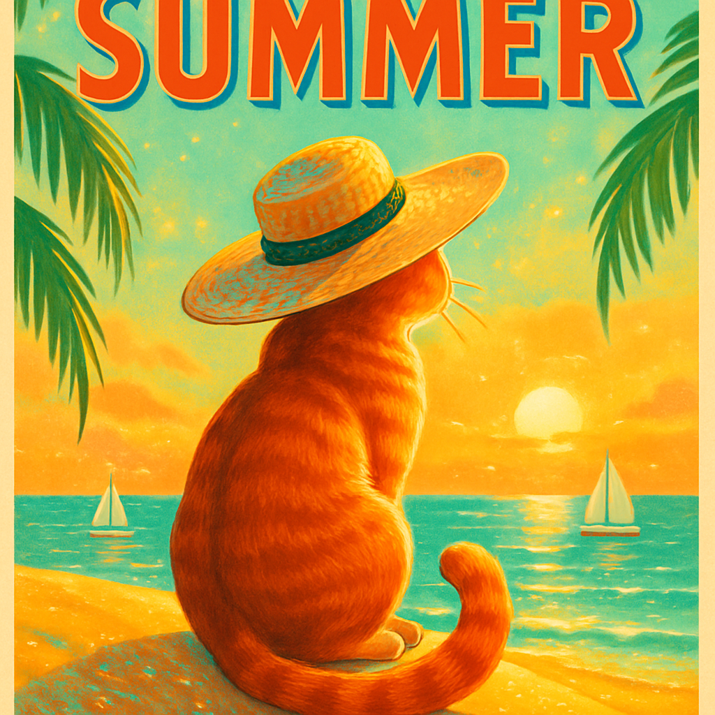 Sun Hat Cat Watching The Horizon diamonded painting kits