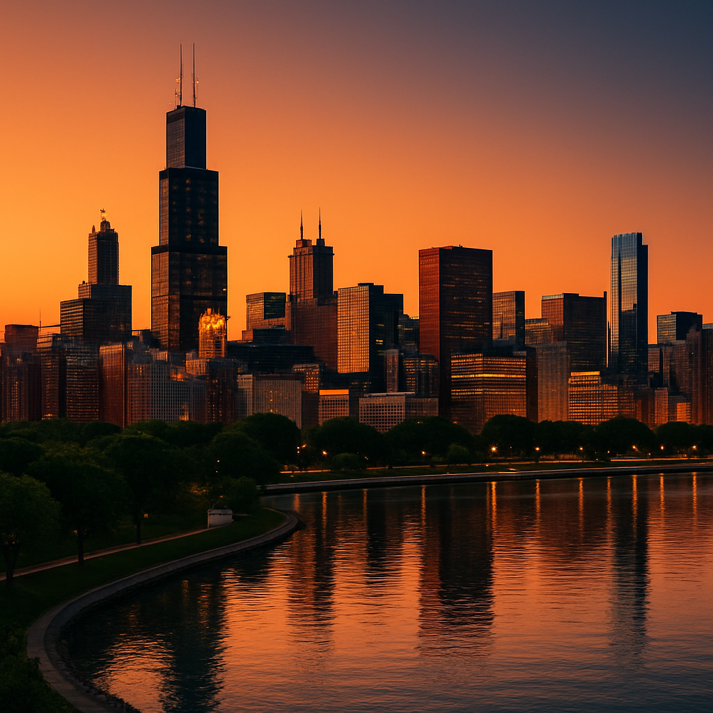 Chicago Lakefront Skyline At Sunset paint by diamond