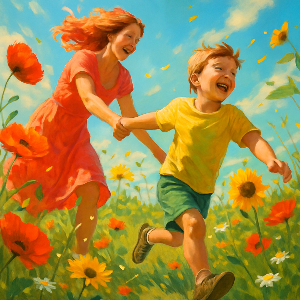 Joy In Bloom Mother And Son Sharing Laughter Among Wildflowers paint by color