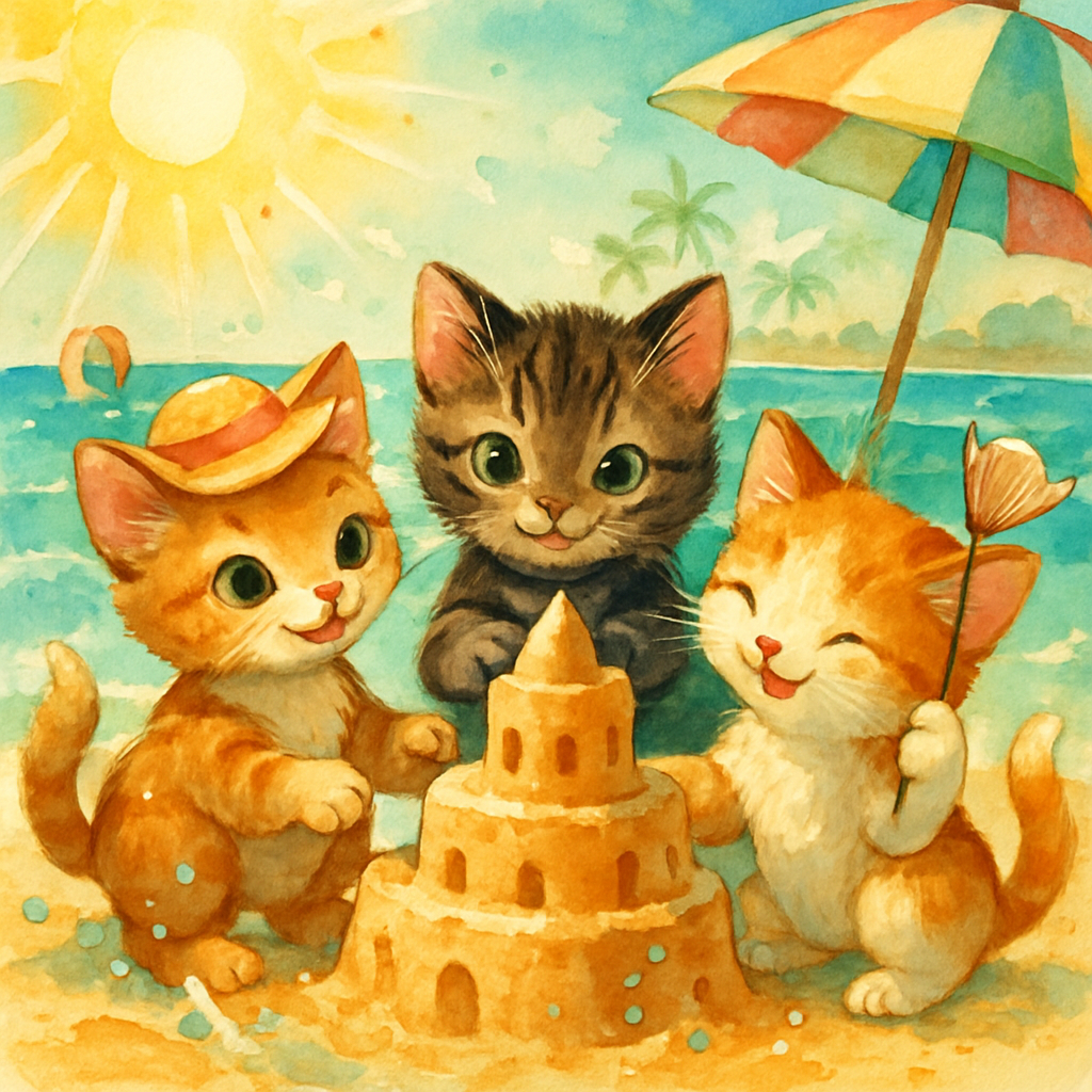 Kittens Building Sandcastle By Turquoise Surf DIY paint by diamonds