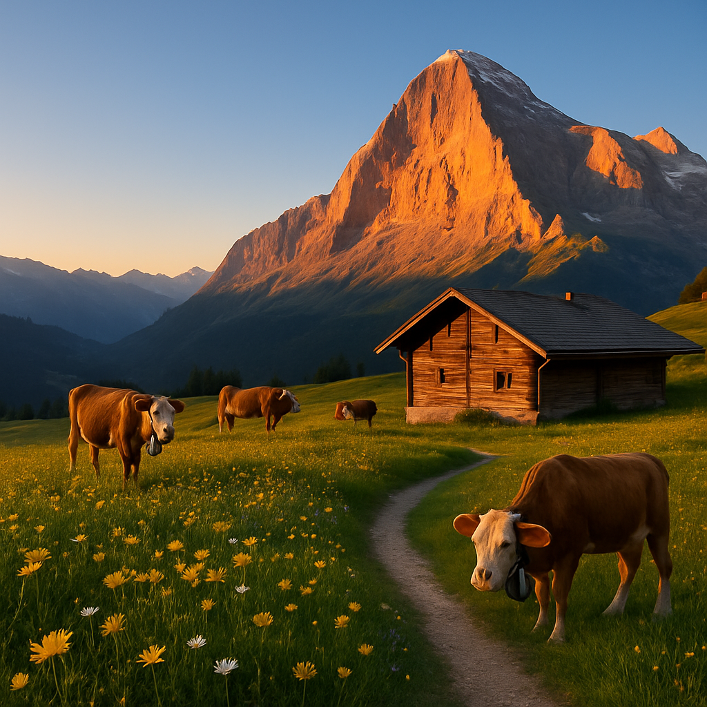 Sunset Over Golden Swiss Alps Meadow diamond painting