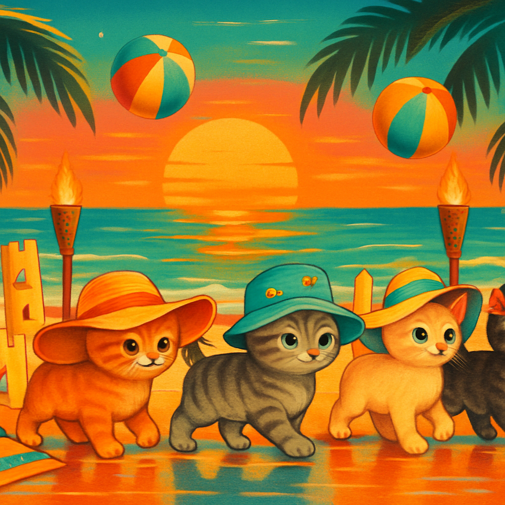 Sun Hat Parade Of Playful Beach Cats paint by diamond