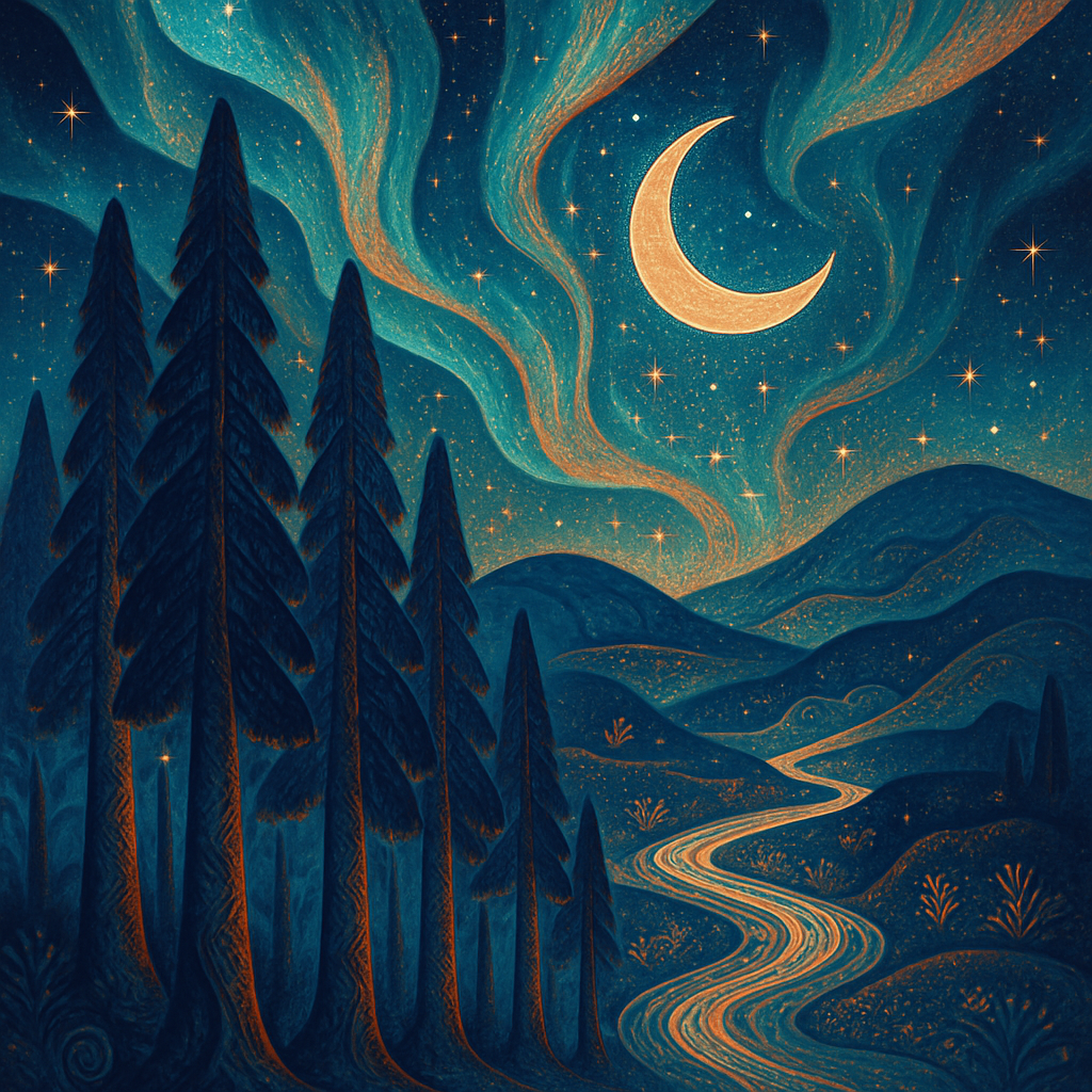Glowing Aurora Over Patterned Celestial Forest paint by diamonds