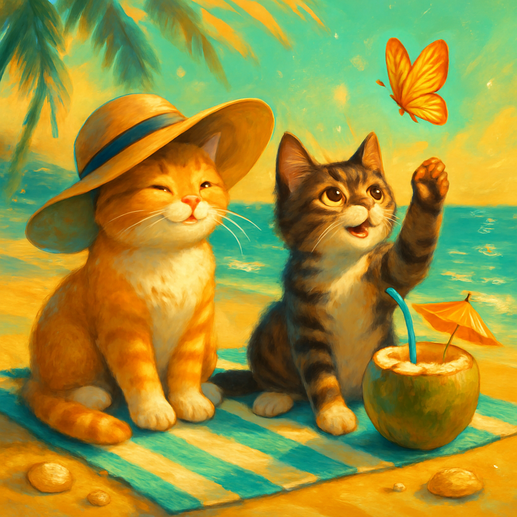 Sun Hat Picnic Cat Duo Painting by diamonds kit