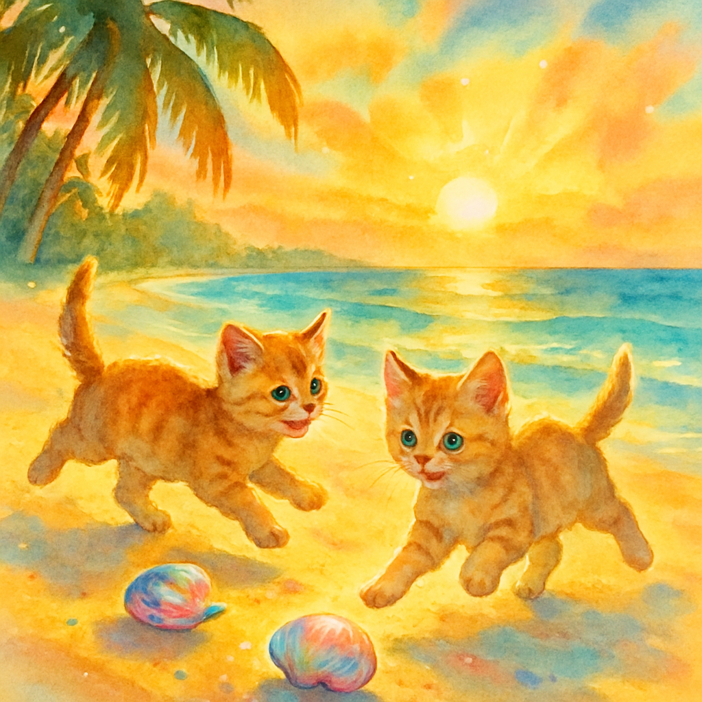 Seashell Chasing Kittens At Dawn Painting by diamonds kit
