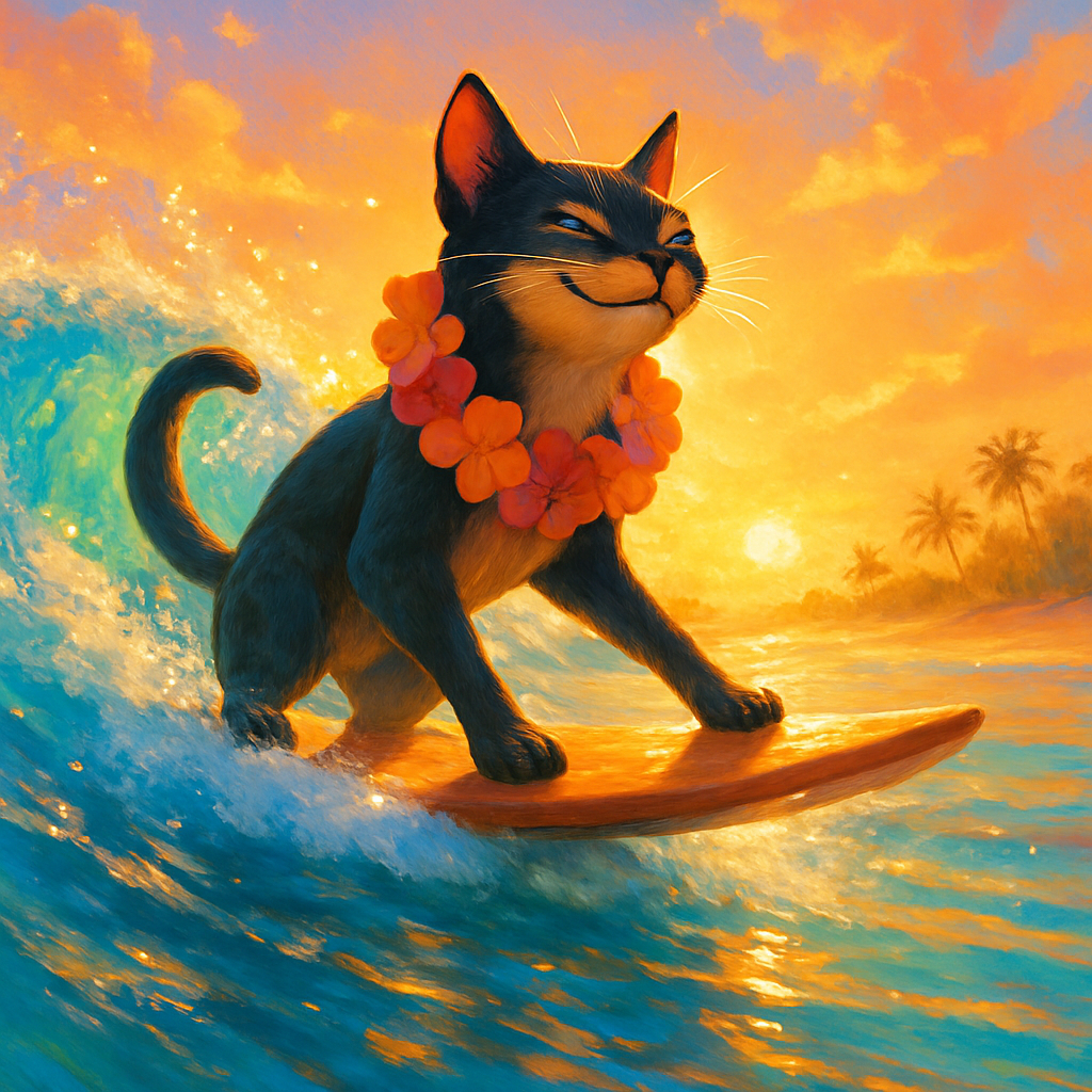 Tropical Sunset Surfing Cat diamond painting
