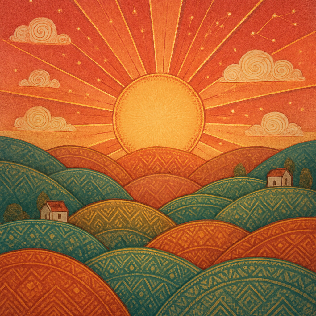 Radiant Sun Over Patterned Hills painting diamond kit