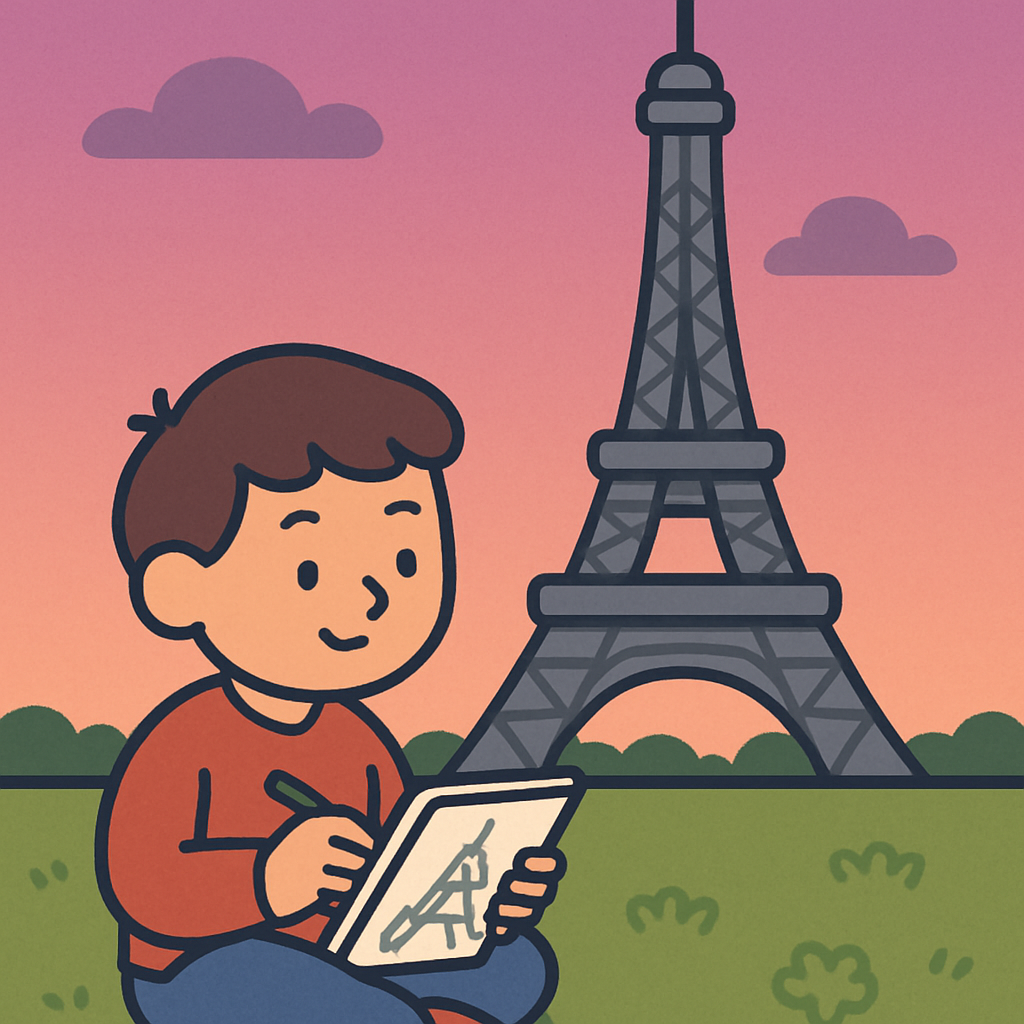 Eiffel Tower Sketching Boy paint by color