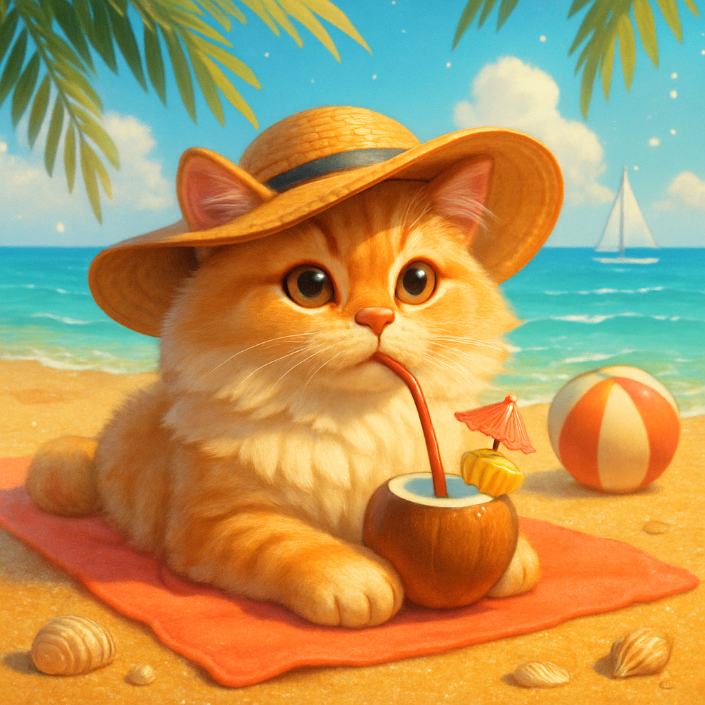 Sunhat Cat On Coral Shore paint by diamonds