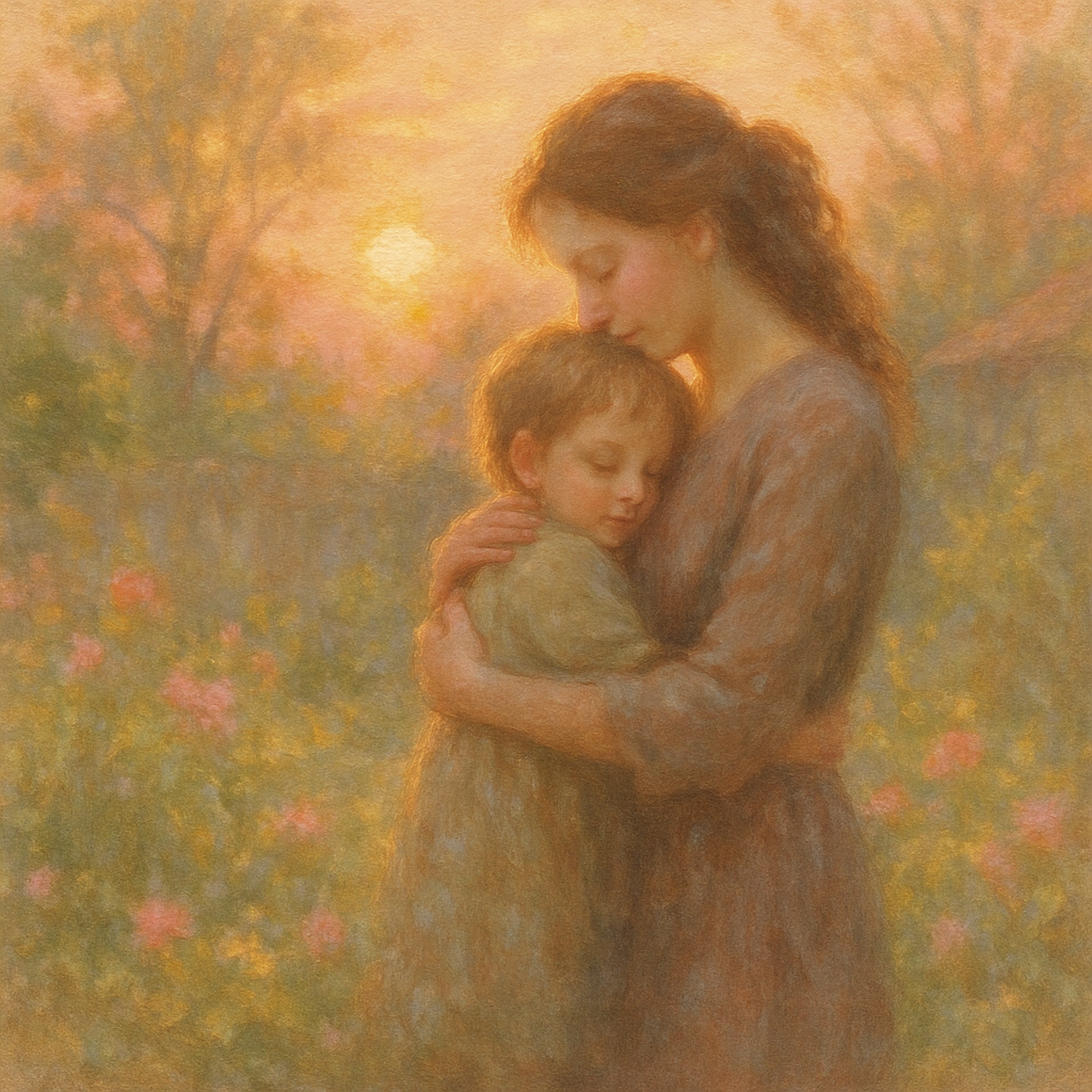 Serene Sunrise Hug Between Mother And Child paint by color