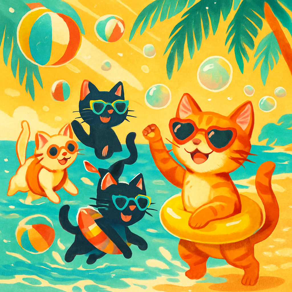 Playful Cats With Floaties On Sunny Shores Painting by diamonds kit