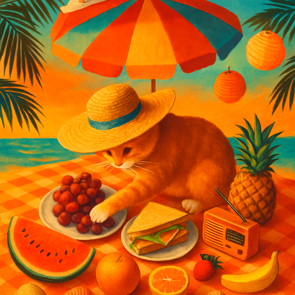 Cat With Sun Hat Picnic paint by diamonds