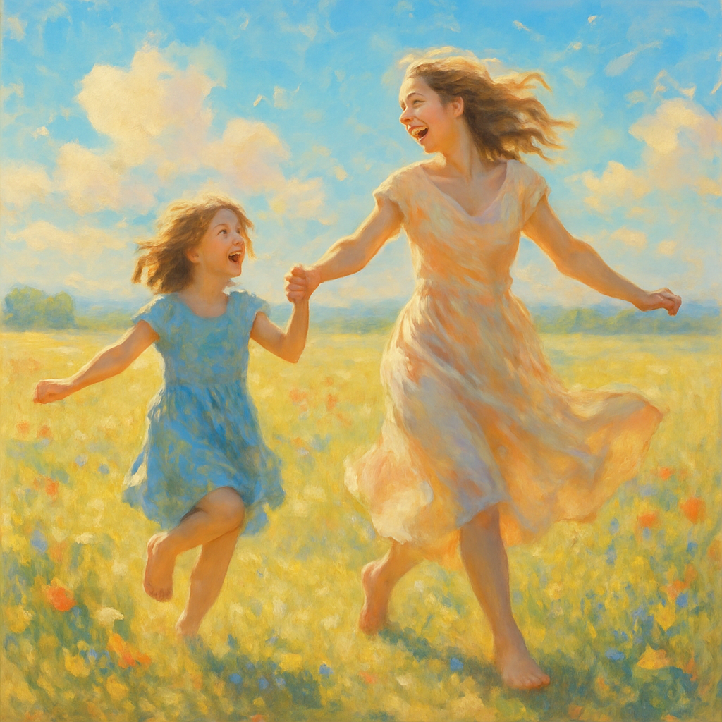 Sunlit Joy: Mother And Child Dancing In Meadow paint by diamond