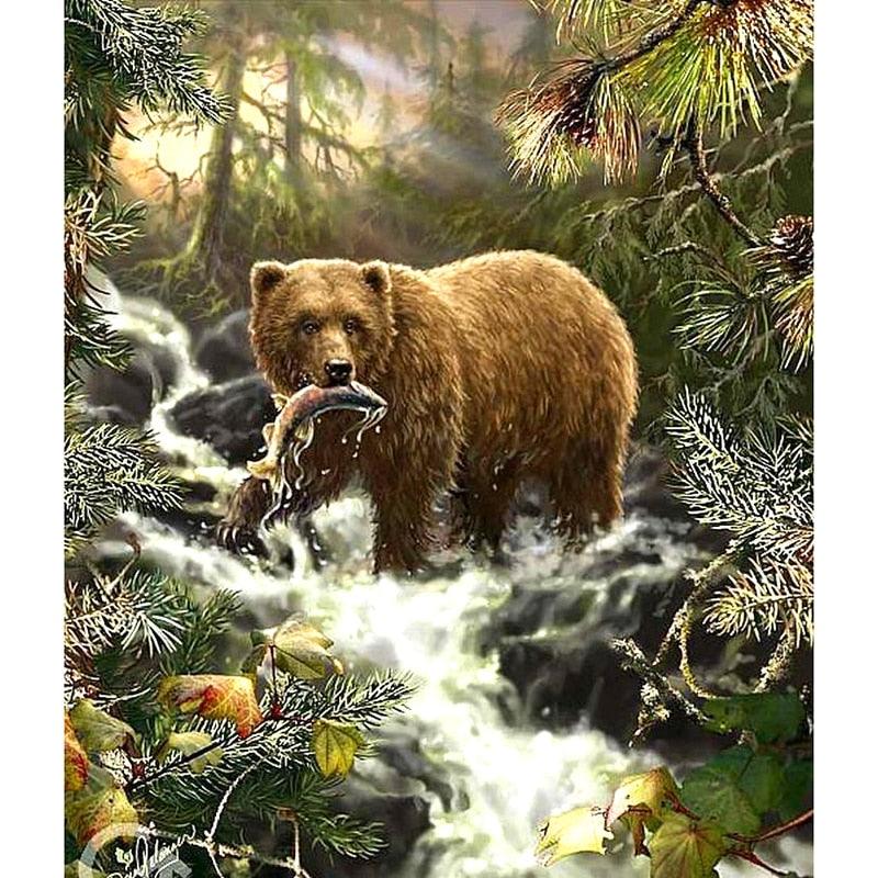 3D DIY Diamond Painting Cross Stitch Forest Bear Catch Fish Crystal Needlework Diamond Embroidery Full Diamond BJ569 ZS - Paint by Diamond