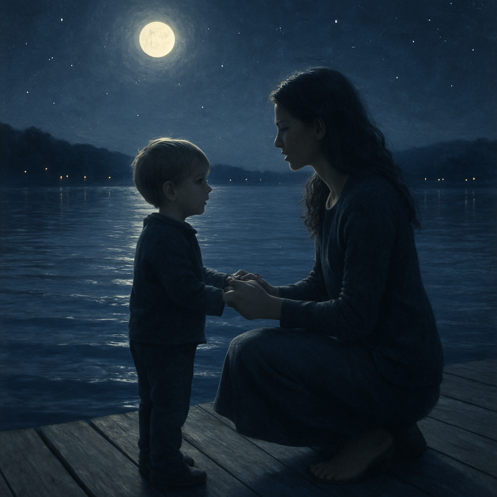 Moonlit Guidance A Mother And Child On The Pier Paint by diamonds kits