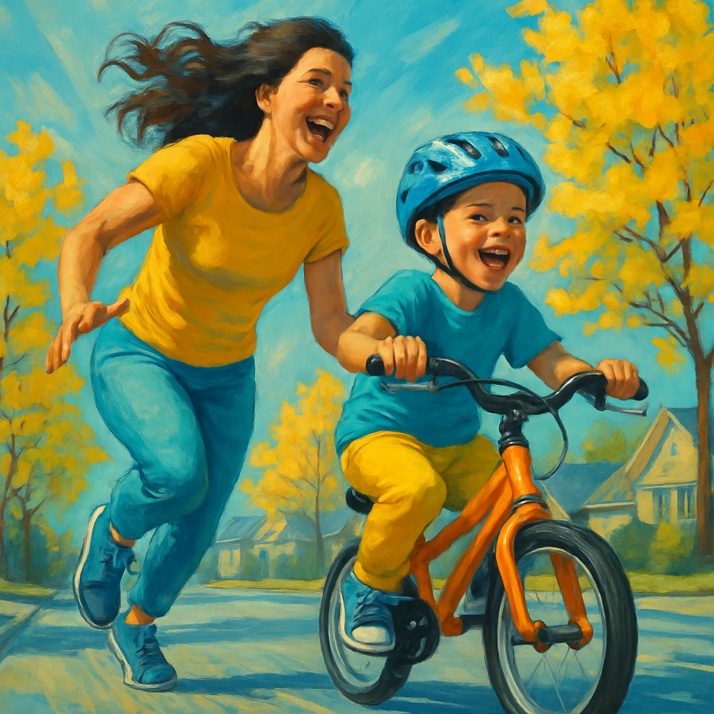 First Bicycle Triumph Mom Running Beside Child Painting by diamonds kit