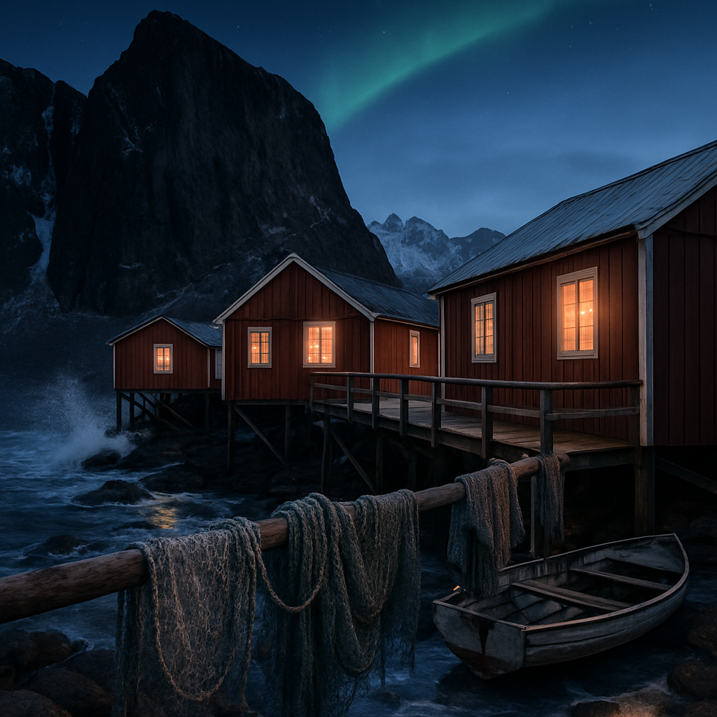 Lofoten Winter Harbor Under Soft Aurora painting diamond kit