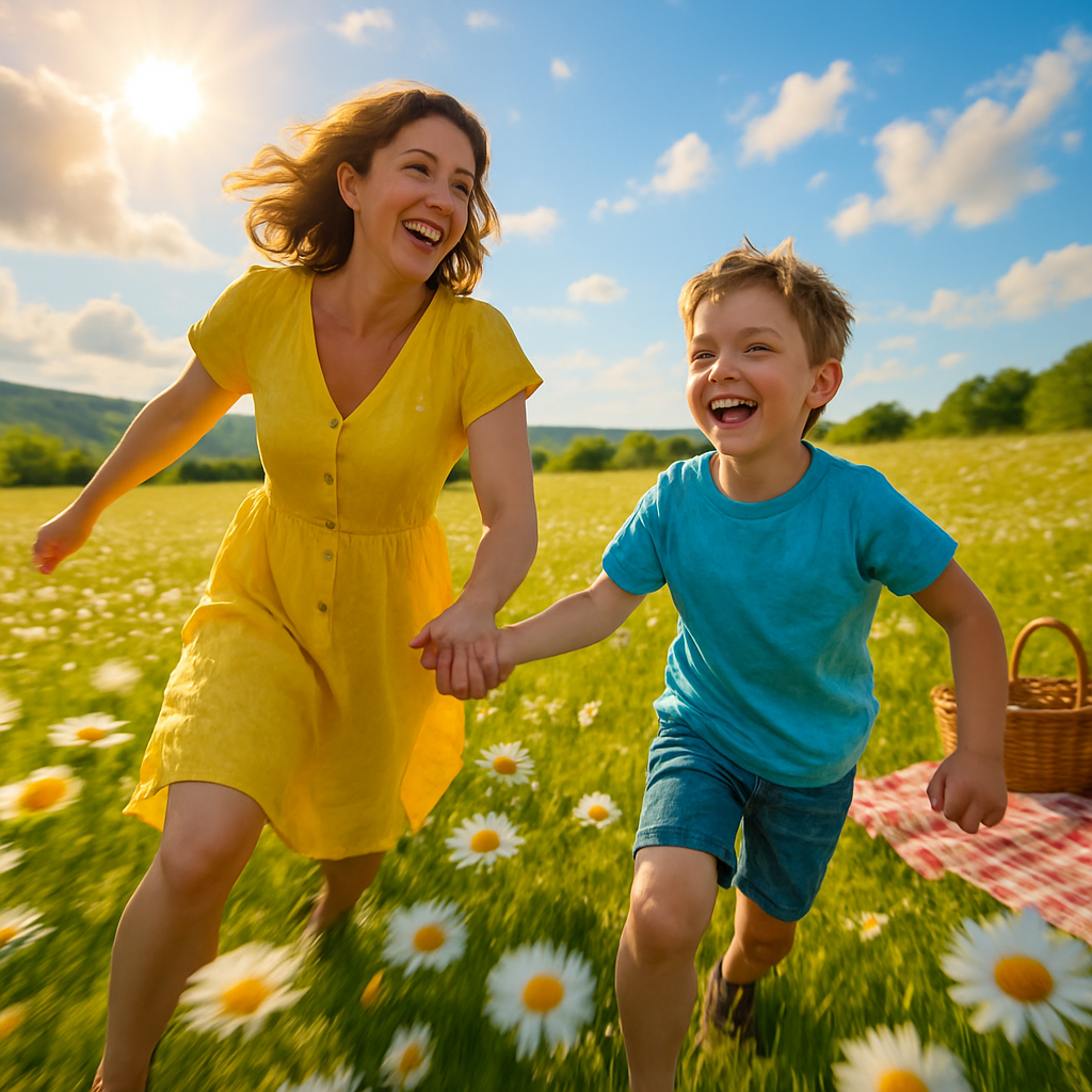 Joy In Bloom Mother And Son Sharing Laughter Among Daisies diamond painting