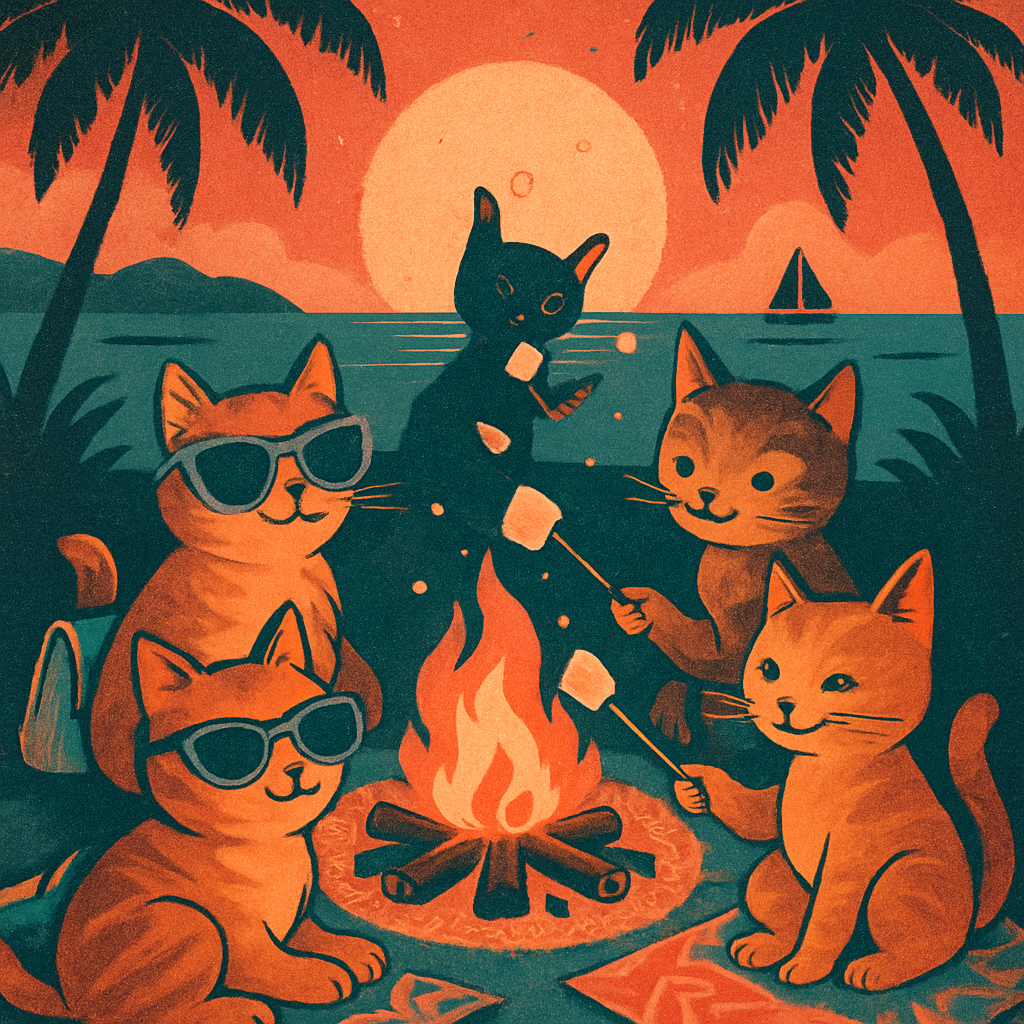 Beach Bonfire Marshmallow Cats Paint by diamonds art