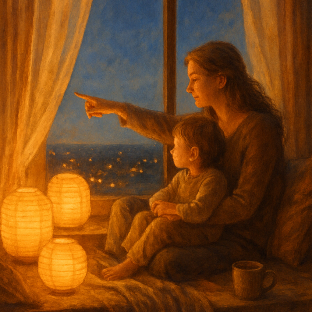 Lanterns Of Memory Mother And Child By The Window painting diamond kit
