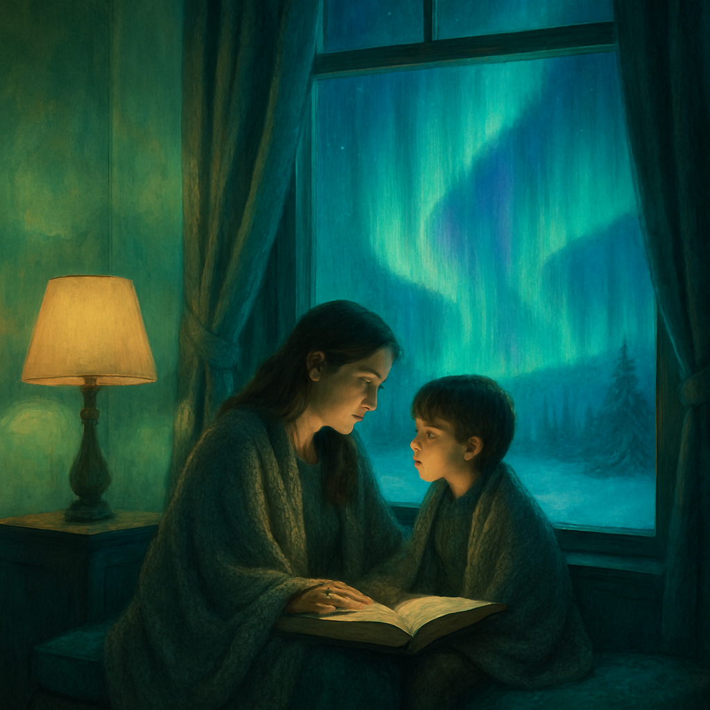 Echoes Of Aurora Reading Under Curtains Of Light With Mother paint by color