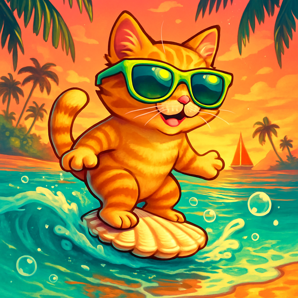 Sunset Shell Surfer Cat diamond painting