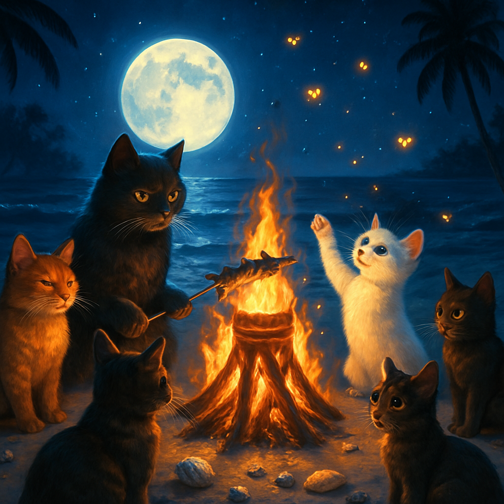 Moonlit Tiki Bonfire Beach Cats DIY paint by diamonds