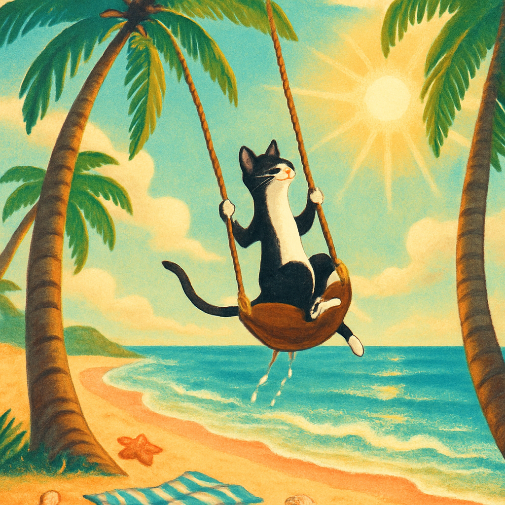 Coconut Tree Swing Beach Cat Painting by diamonds kit