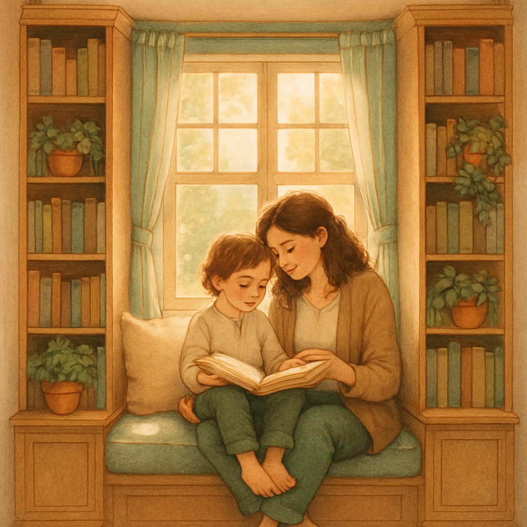 Quiet Library Of Heartbeats Mother And Child Reading In A Sunlit Nook painting diamond kit
