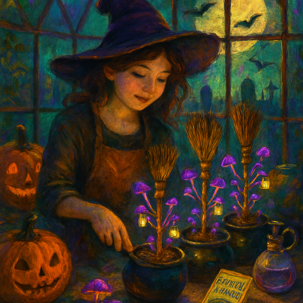 Witchs Greenhouse Of Bioluminescent Brooms painting diamond kit