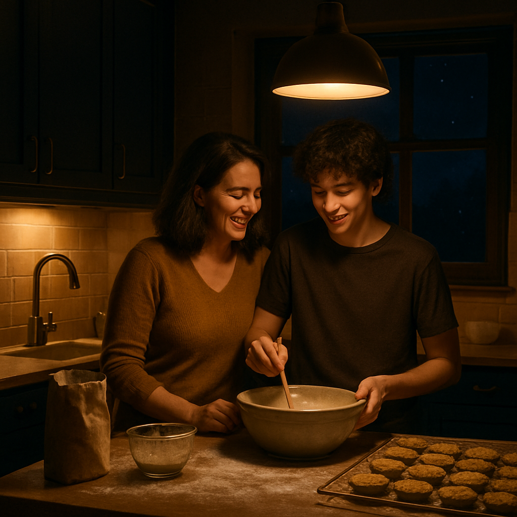 Starlit Kitchen Memories Mother And Teen Baking By Night Painting by diamonds kit