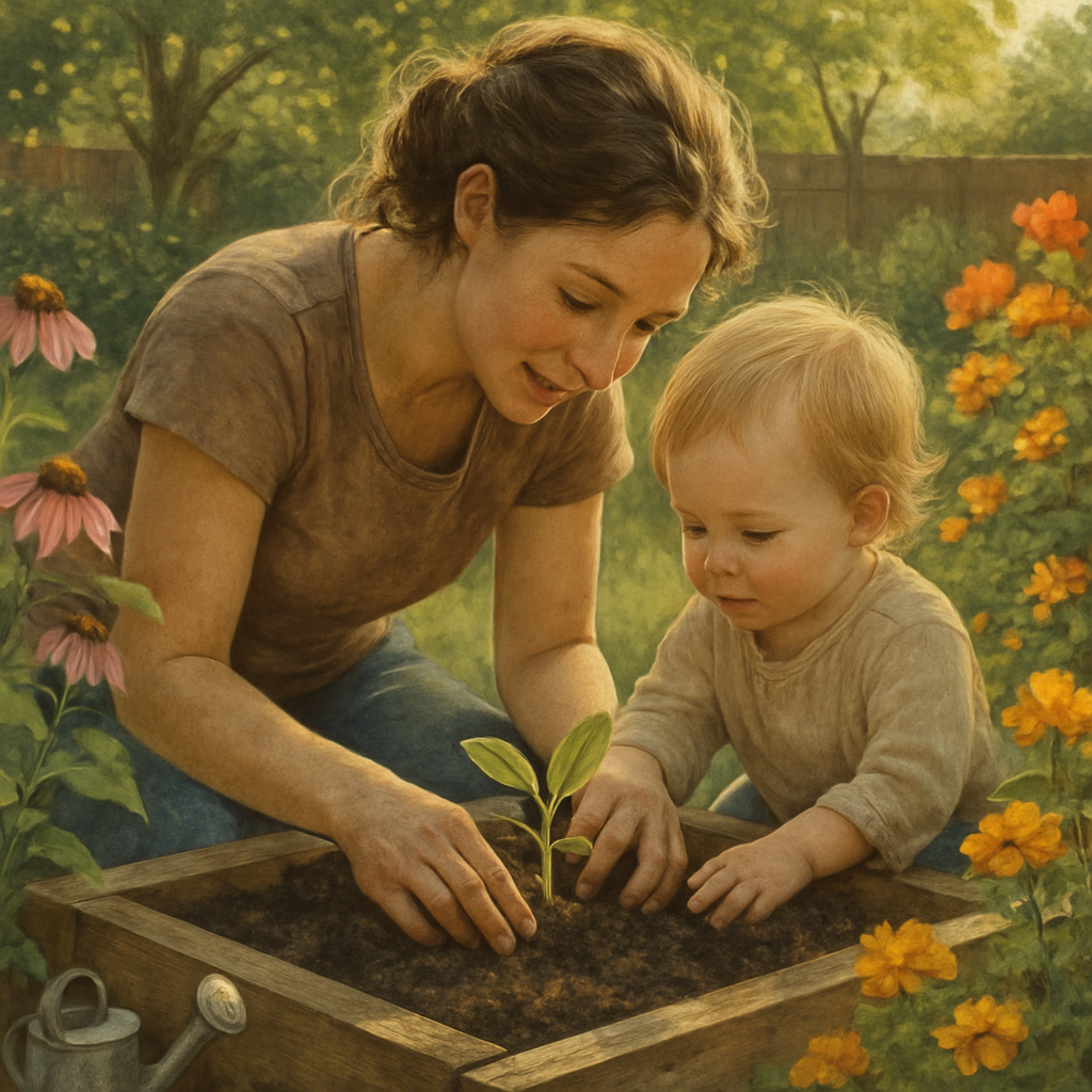Garden Of First Discoveries Mother Guiding Tiny Hands In The Soil Painting by diamonds kit